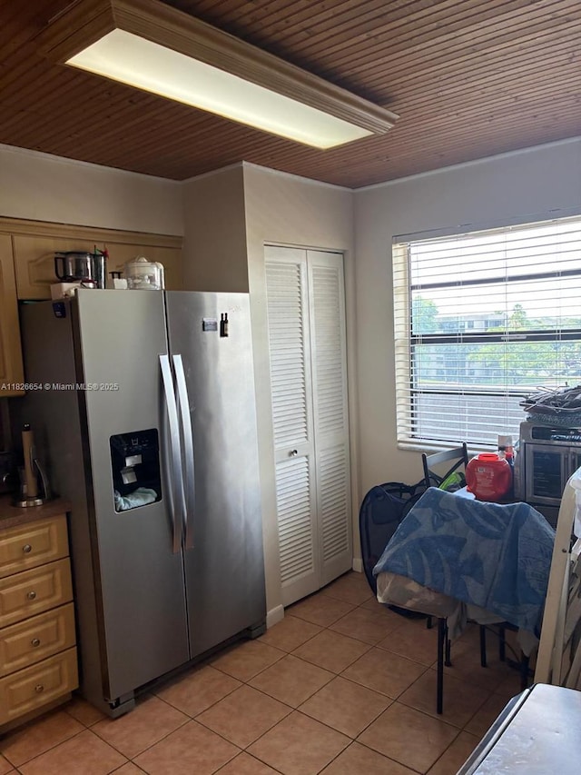 1100 Colony Point Cir Unit 504, Pembroke Pines, FL 33026 - kitchen with stainless steel refrigerator with ice dispenser, light tile patterned floors, and wood ceiling