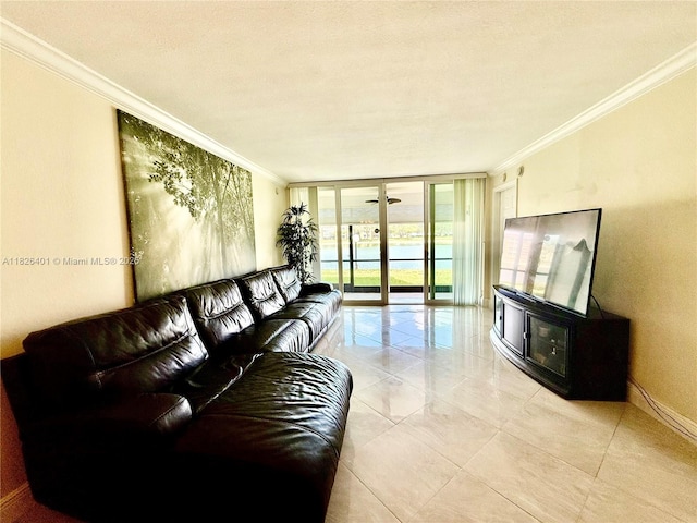 6404 Coral Lake Dr Unit 104, Margate, FL 33063 - tiled living room with a wall of windows and ornamental molding