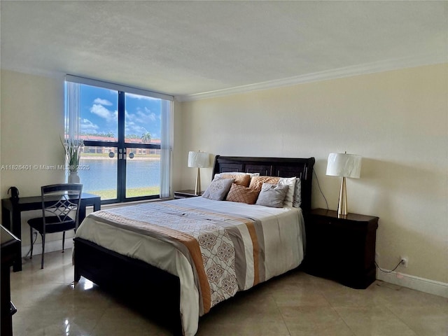 6404 Coral Lake Dr Unit 104, Margate, FL 33063 - bedroom featuring a water view, ornamental molding, light tile patterned flooring, and a textured ceiling