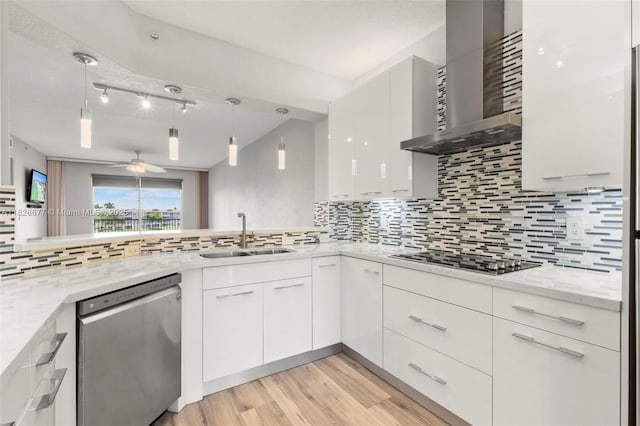 7727 Southampton Ter Unit 412, Tamarac, FL 33321 - kitchen featuring stainless steel dishwasher, wall chimney exhaust hood, stovetop, ceiling fan, and modern cabinets
