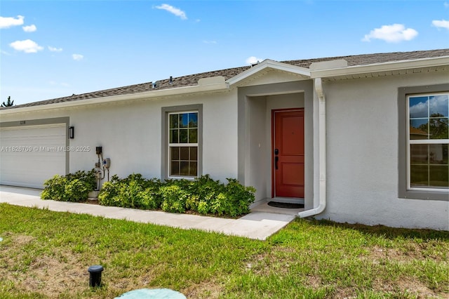 1230 Waterford, Palm Bay, FL 32909 - entrance to property featuring stucco siding, an attached garage, and a shingled roof