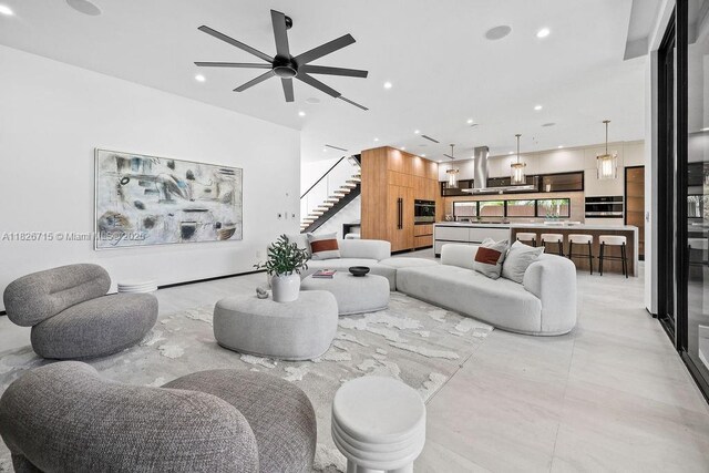 1132 SE 6th Ter, Fort Lauderdale, FL 33316 - living area featuring ceiling fan, stairway, and recessed lighting