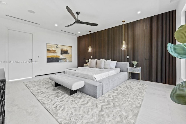 1132 SE 6th Ter, Fort Lauderdale, FL 33316 - bedroom featuring wooden walls, recessed lighting, an accent wall, and a ceiling fan