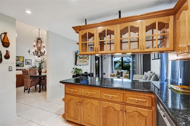 10030 SW 8th St, Pembroke Pines, FL 33025 - kitchen featuring stainless steel dishwasher, a chandelier, glass insert cabinets, light tile patterned flooring, and dark stone countertops