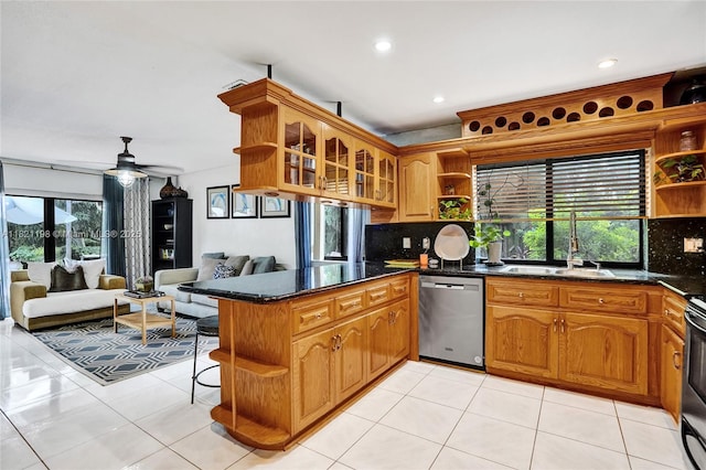 10030 SW 8th St, Pembroke Pines, FL 33025 - kitchen featuring open shelves, stainless steel dishwasher, backsplash, a peninsula, and recessed lighting