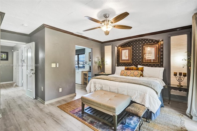 10030 SW 8th St, Pembroke Pines, FL 33025 - bedroom featuring light wood-style floors, crown molding, connected bathroom, and ceiling fan