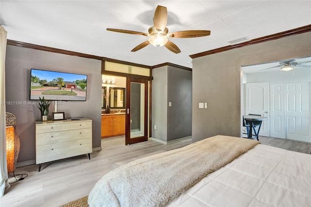 10030 SW 8th St, Pembroke Pines, FL 33025 - bedroom with light wood finished floors, crown molding, a ceiling fan, and ensuite bathroom
