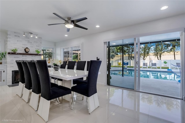 12220 Tara Dr, Plantation, FL 33325 - dining room with light tile patterned flooring, a ceiling fan, and recessed lighting