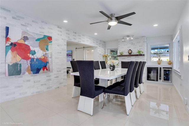 12220 Tara Dr, Plantation, FL 33325 - dining space featuring ceiling fan, recessed lighting, light tile patterned floors, and a barn door