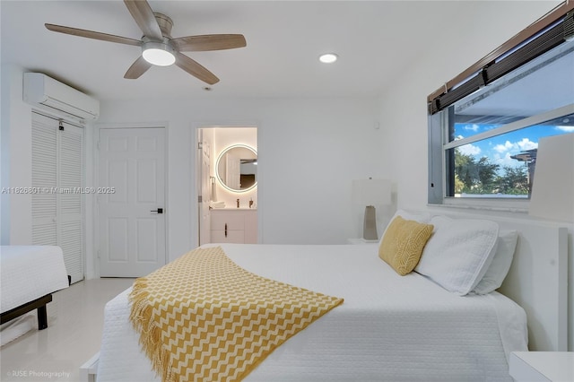 12220 Tara Dr, Plantation, FL 33325 - bedroom featuring a wall mounted AC, a closet, recessed lighting, ceiling fan, and ensuite bathroom