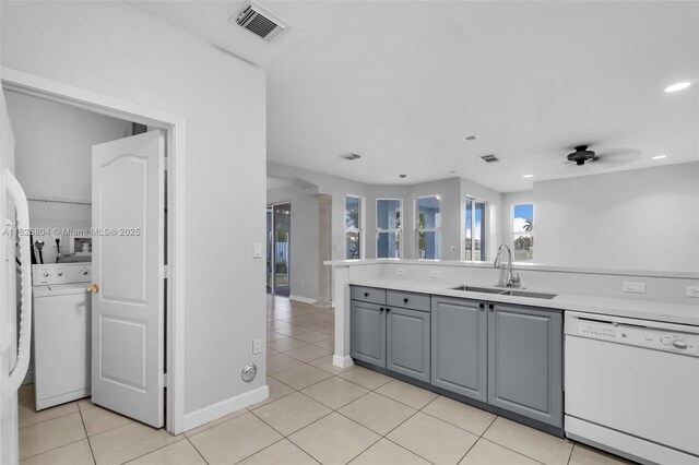 6425 SW 164th Ave, Miami, FL 33193 - kitchen featuring white dishwasher, gray cabinetry, light tile patterned floors, ceiling fan, and recessed lighting