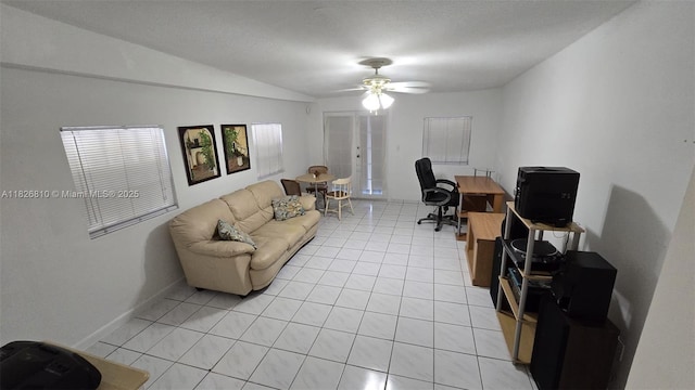 3640 SW 13th St, Miami, FL 33145 - office area featuring light tile patterned flooring, a ceiling fan, and vaulted ceiling