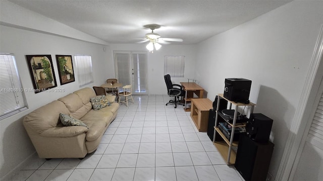 3640 SW 13th St, Miami, FL 33145 - living area featuring a ceiling fan, light tile patterned floors, and lofted ceiling