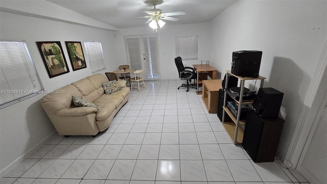 3640 SW 13th St, Miami, FL 33145 - living room featuring a ceiling fan, vaulted ceiling, and light tile patterned flooring
