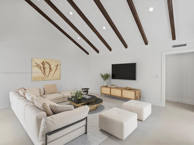 8075 SW 86th Ter, Miami, FL 33143 - living room featuring recessed lighting, beam ceiling, and high vaulted ceiling
