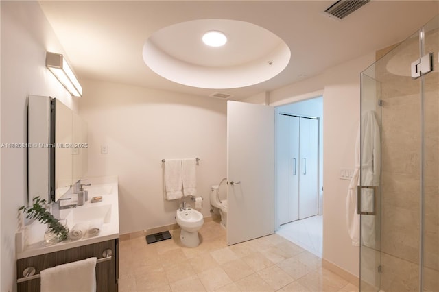 3131 NE 188th St Unit 2-605, Aventura, FL 33180 - bathroom with a bidet, double vanity, a shower stall, and tile patterned flooring