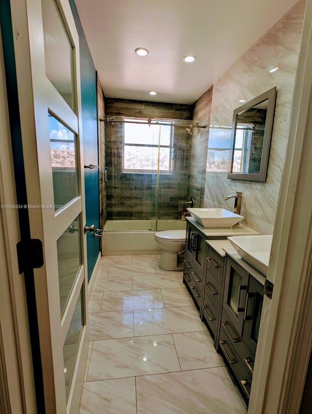 335 SW 183rd Way, Pembroke Pines, FL 33029 - bathroom with shower / bath combination with glass door, vanity, recessed lighting, and marble finish flooring