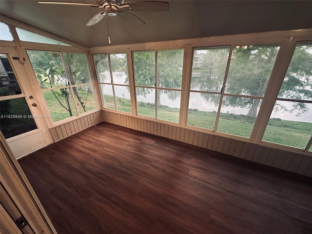 3125 Stonewater Dr Lakeland Fl, Lakeland Fl, FL 33803 - unfurnished sunroom with a water view, wood finished floors, ceiling fan, vaulted ceiling, and healthy amount of natural light