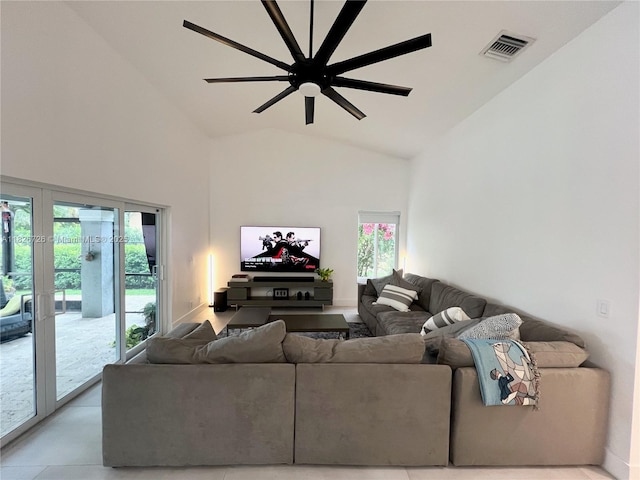 1732 SW 103rd Ln, Davie, FL 33324 - living area with high vaulted ceiling and a ceiling fan