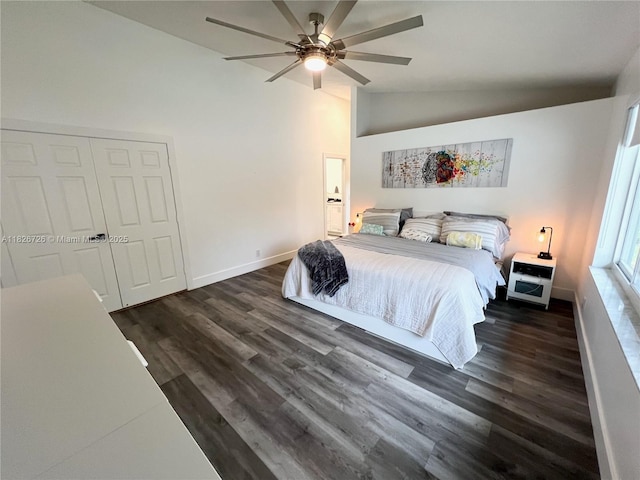 1732 SW 103rd Ln, Davie, FL 33324 - bedroom with vaulted ceiling, dark wood-style flooring, a ceiling fan, and a closet
