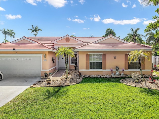 1720 SW 137th Way, Miramar, FL 33027 - ranch-style home with a front lawn, stucco siding, driveway, an attached garage, and a tiled roof