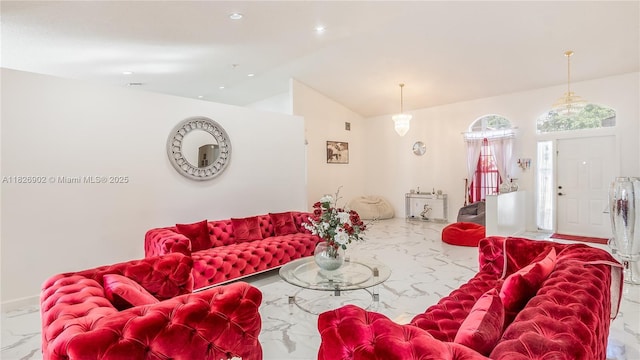 1720 SW 137th Way, Miramar, FL 33027 - living area featuring marble tiled floors, lofted ceiling, and recessed lighting