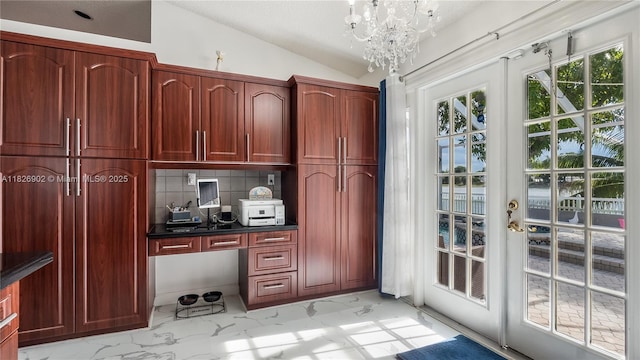 1720 SW 137th Way, Miramar, FL 33027 - unfurnished office with french doors, light marble finish flooring, a chandelier, vaulted ceiling, and built in desk