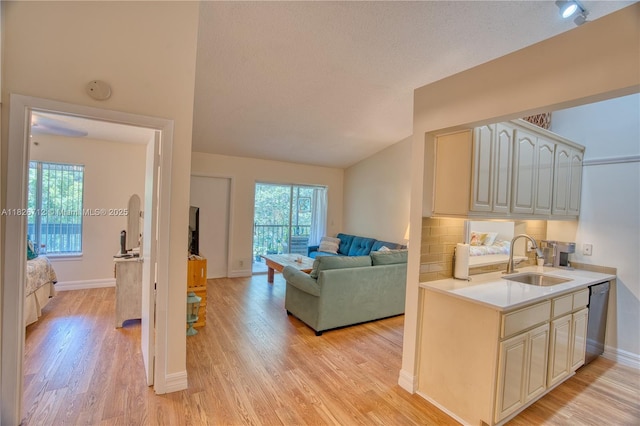 6286 Chasewood Dr Unit G, Jupiter, FL 33458 - kitchen featuring stainless steel dishwasher, light wood-type flooring, light countertops, open floor plan, and a textured ceiling
