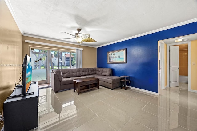 1428 SE 4th Ave Unit 146, Deerfield Beach, FL 33441 - living area featuring ornamental molding, a ceiling fan, light tile patterned flooring, and a textured ceiling