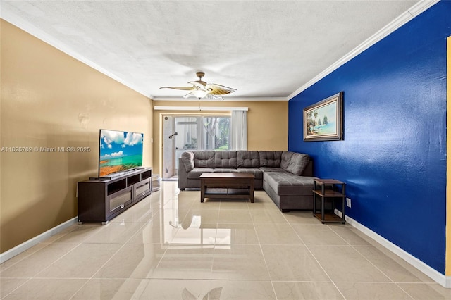 1428 SE 4th Ave Unit 146, Deerfield Beach, FL 33441 - living area with ceiling fan, light tile patterned floors, ornamental molding, and a textured ceiling