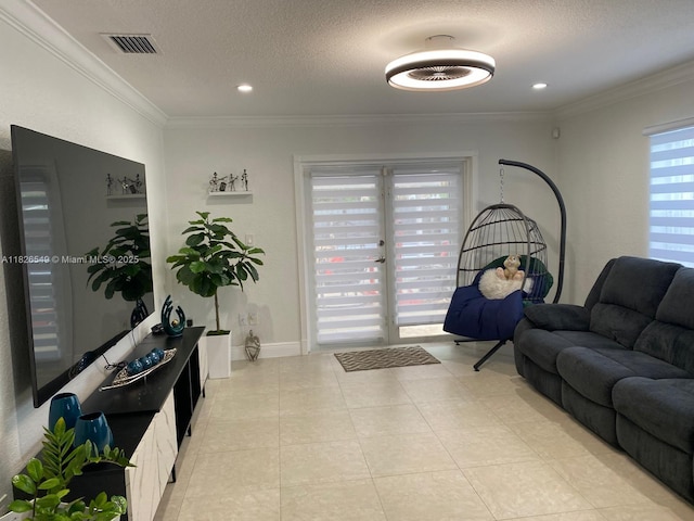 7322 SW 134th Pl, Miami, FL 33183 - living area featuring a textured ceiling, ornamental molding, light tile patterned floors, and recessed lighting