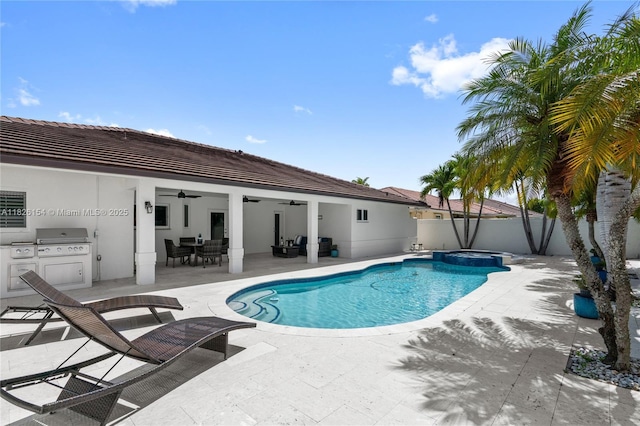 14288 SW 21st Ter, Miami, FL 33175 - view of swimming pool featuring ceiling fan, a fenced backyard, a patio, area for grilling, and a pool with connected hot tub