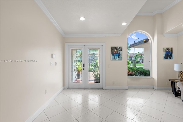 14288 SW 21st Ter, Miami, FL 33175 - doorway featuring french doors, plenty of natural light, crown molding, light tile patterned floors, and recessed lighting