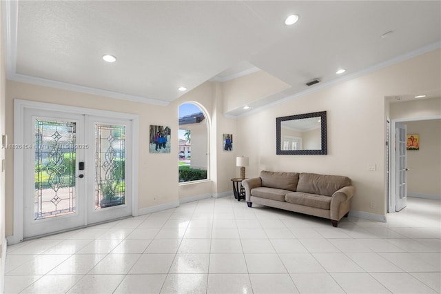 14288 SW 21st Ter, Miami, FL 33175 - foyer entrance featuring ornamental molding, french doors, light tile patterned floors, and recessed lighting