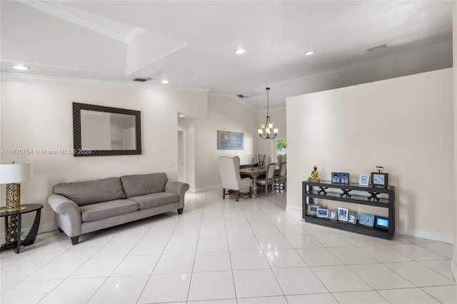 14288 SW 21st Ter, Miami, FL 33175 - living room featuring vaulted ceiling, crown molding, a chandelier, light tile patterned floors, and recessed lighting