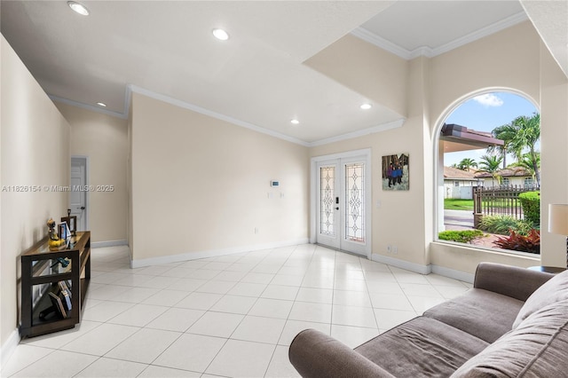14288 SW 21st Ter, Miami, FL 33175 - living area with recessed lighting, ornamental molding, french doors, light tile patterned flooring, and arched walkways