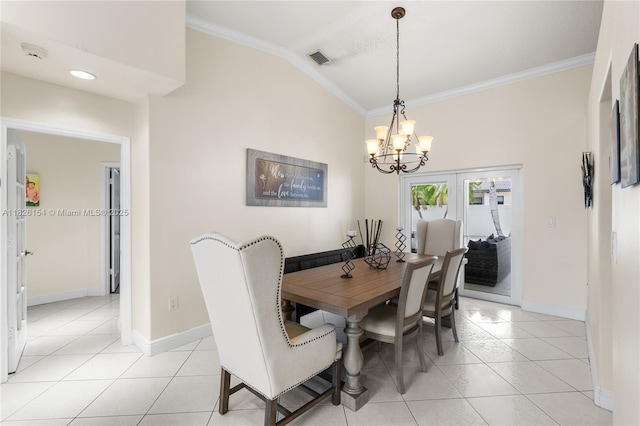 14288 SW 21st Ter, Miami, FL 33175 - dining space with a chandelier, ornamental molding, light tile patterned floors, and lofted ceiling