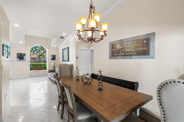 14288 SW 21st Ter, Miami, FL 33175 - dining room with a chandelier, recessed lighting, light tile patterned floors, and crown molding