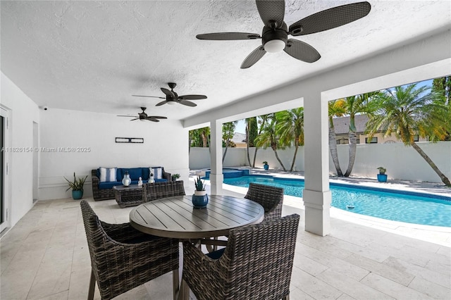 14288 SW 21st Ter, Miami, FL 33175 - view of pool featuring ceiling fan, a fenced backyard, a patio, and outdoor lounge area