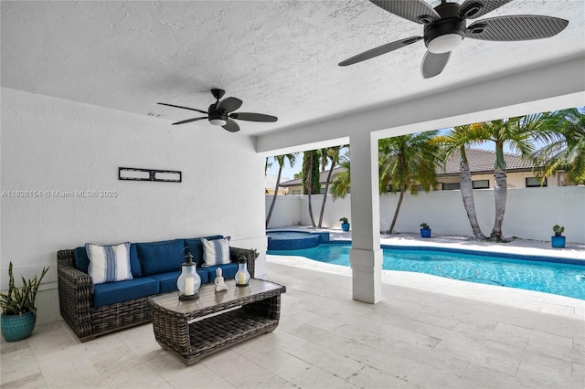 14288 SW 21st Ter, Miami, FL 33175 - view of pool featuring ceiling fan, a fenced backyard, a patio, and outdoor lounge area