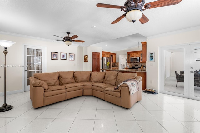 14288 SW 21st Ter, Miami, FL 33175 - living room with ceiling fan, ornamental molding, light tile patterned flooring, and french doors