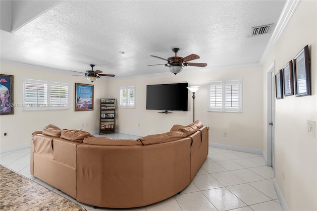 14288 SW 21st Ter, Miami, FL 33175 - living area with ornamental molding, a textured ceiling, a ceiling fan, and light tile patterned floors