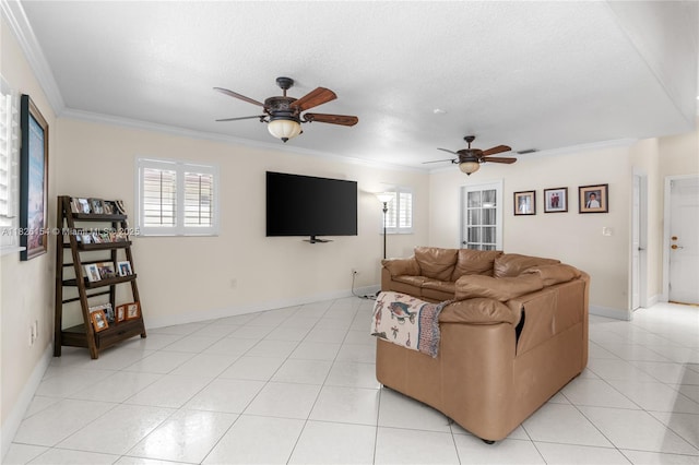 14288 SW 21st Ter, Miami, FL 33175 - living room with ceiling fan, plenty of natural light, ornamental molding, a textured ceiling, and light tile patterned floors