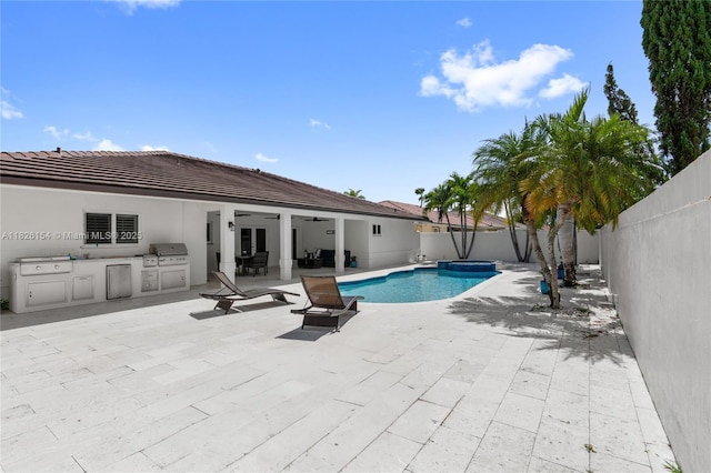 14288 SW 21st Ter, Miami, FL 33175 - view of pool with area for grilling, a fenced backyard, ceiling fan, and a patio area