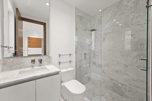 1311 Stillwater Dr, Miami Beach, FL 33141 - bathroom with a stall shower, vanity, and tasteful backsplash