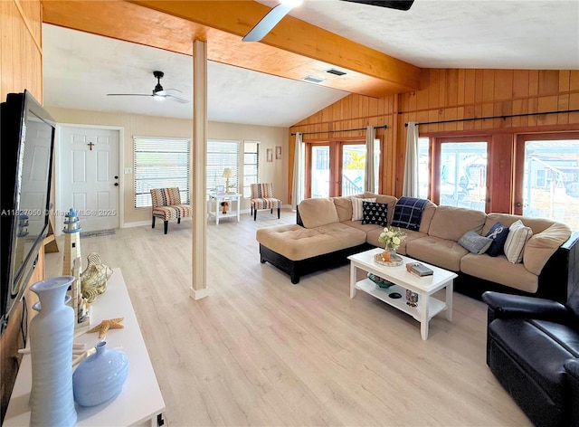 211 Banyan Ln, Tavernier, FL 33070 - living room featuring ceiling fan, light wood-type flooring, wooden walls, and french doors
