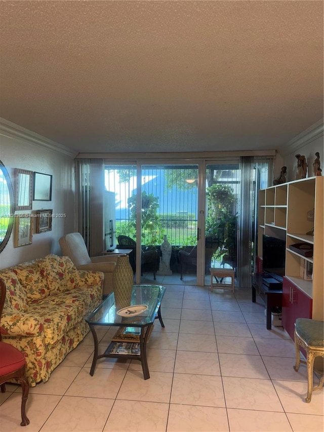 8821 W Flagler St Unit 108, Miami, FL 33174 - living room with crown molding, a textured ceiling, and light tile patterned floors