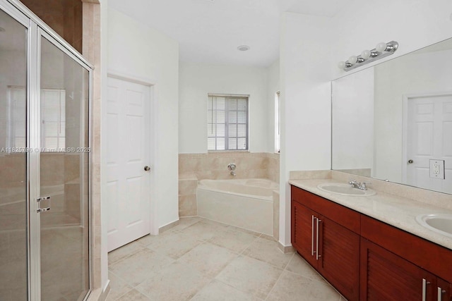 32157 SW 207th Ave, Homestead, FL 33030 - bathroom with a shower stall, a bath, double vanity, and tile patterned floors