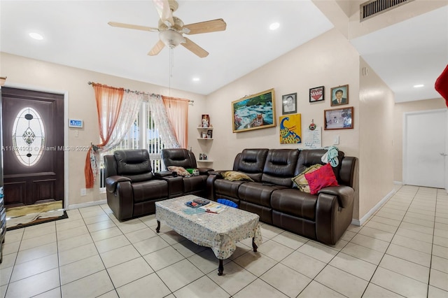 1616 SW 9th St, Fort Lauderdale, FL 33312 - living area featuring light tile patterned floors, a ceiling fan, and recessed lighting