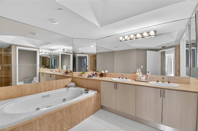7000 Island Blvd Unit 1408, Aventura, FL 33160 - bathroom featuring double vanity, a tub with jets, tile patterned flooring, and a stall shower